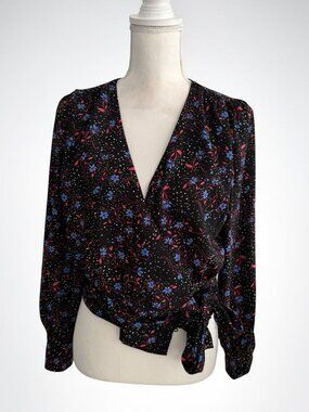 AQUA Black Floral Wrap Top Size Small Womens